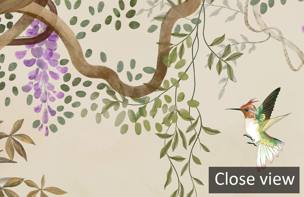 Close-up of Vintage Botanical Wisteria Mural Wallpaper in earthy tones, featuring birds and floral design.