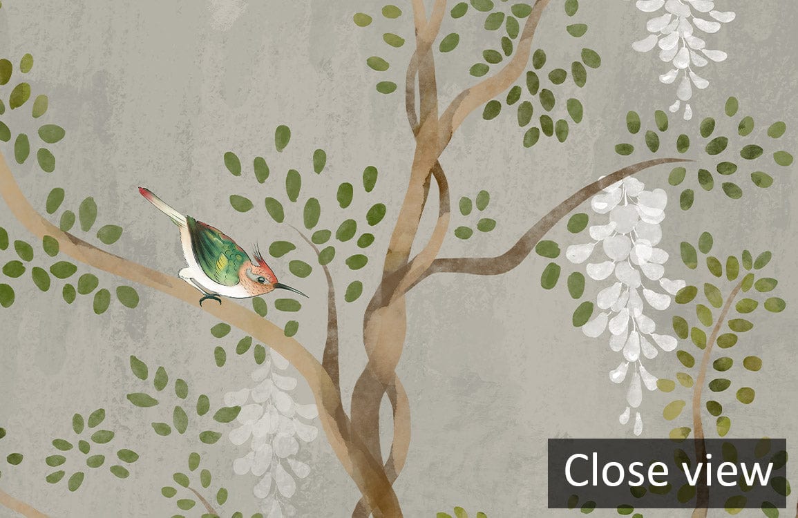 Elegant Botanical Mural Wallpaper with pastel green, nature-inspired design featuring bird and floral patterns.