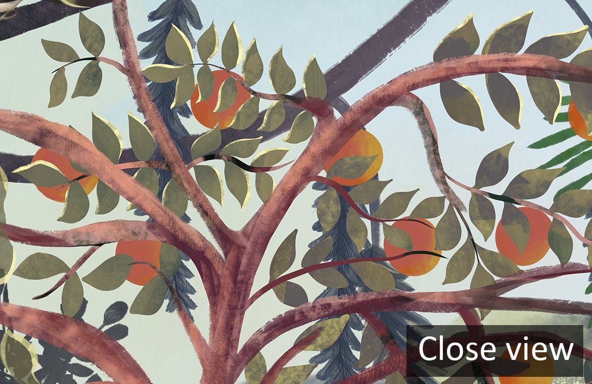 Close view of Elegant Jungle Dream Mural Wallpaper with lush tropical leaf and tree design pattern.