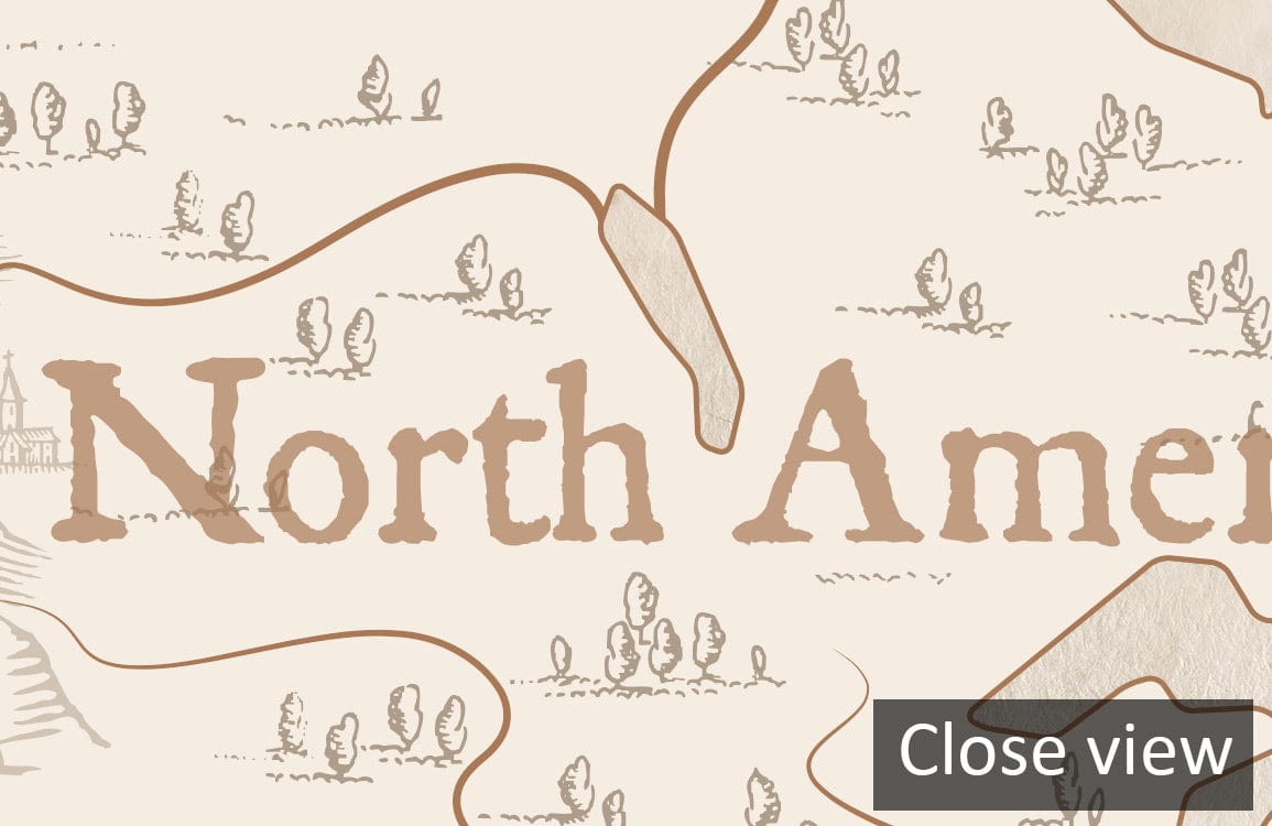 Close-up of Vintage World Map Mural Wallpaper in Sepia Tones, nautical-themed decorative wall design.