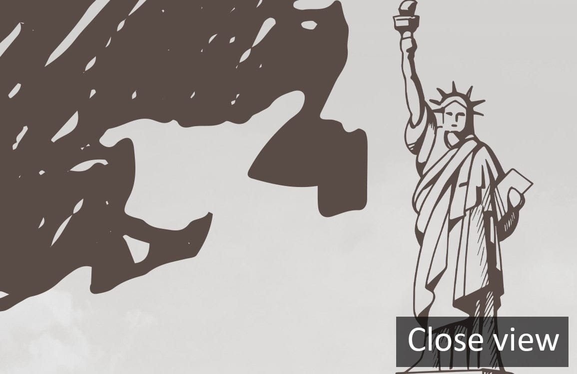 Close view of Vintage Sketch World Map mural wallpaper in charcoal grey, featuring iconic Statue illustration.