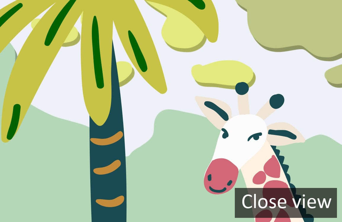 Colourful Illustrated World Map Kids Wallpaper, educational design with playful animals, palm tree detail.