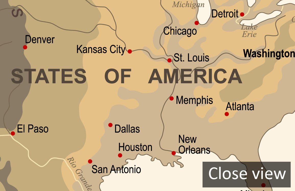 Close-up Vintage Sepia World Map Mural featuring United States cities, nautical elements, ideal for study.