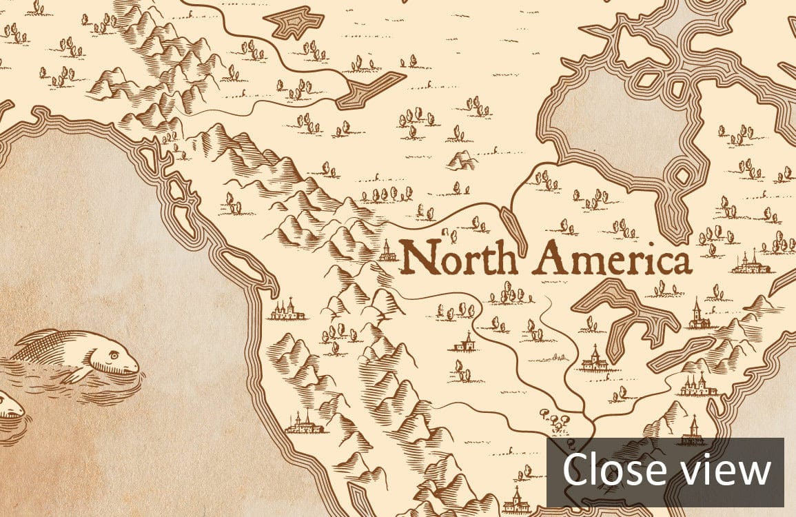 Close-up of Vintage World Map Mural Wallpaper in Antique Sepia Tones for classic decor.