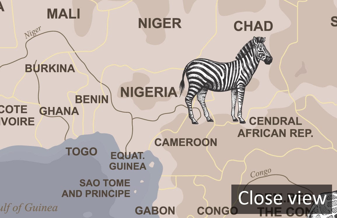 Vintage World Map Mural Wallpaper featuring zebra, grey tones, animal illustrations, wall detail closeup.