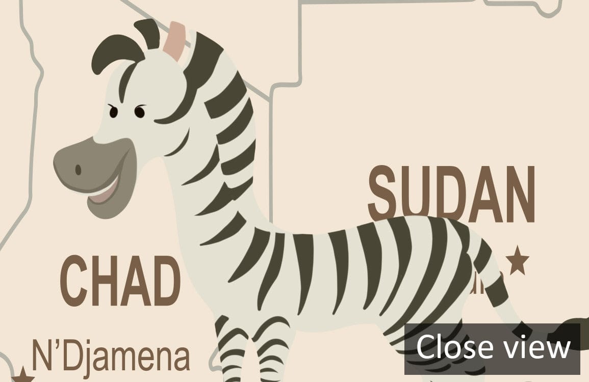 Close-up of Vintage World Map Wallpaper with zebra illustration, featuring Chad and Sudan.