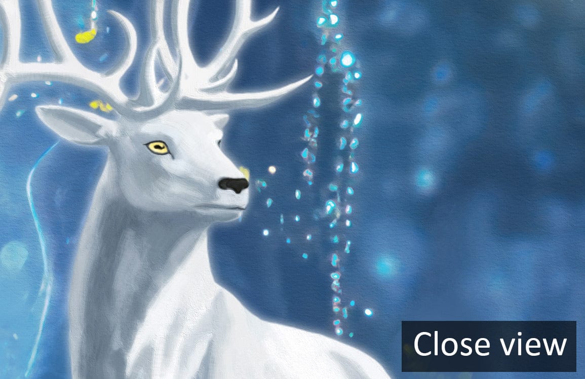 Close-up of Mystical Enchanted Forest Stag Wallpaper depicting dreamy blue-green nature background.