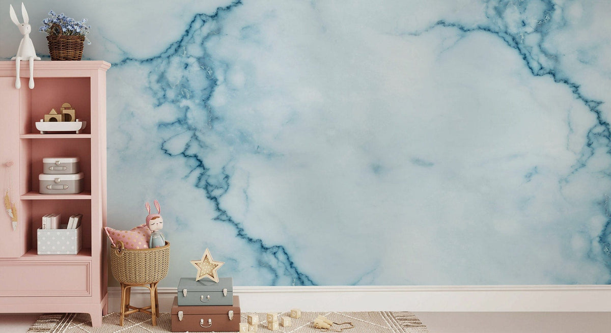 Elegant Blue Marble Effect Wallpaper in children's room; pink shelf; stylish, modern interior Décor.