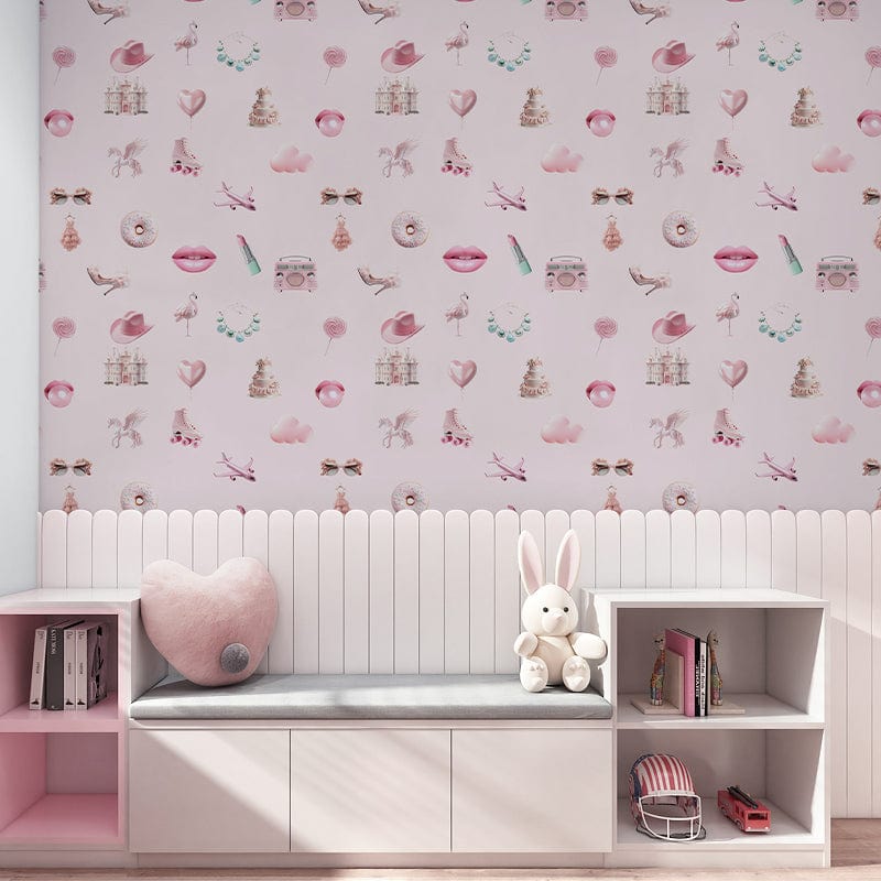 Chic Vintage Pink Wallpaper, Feminine Pastels, Grey Bench, White Panelling, Heart Pillow, Toy Bunny, Playroom.