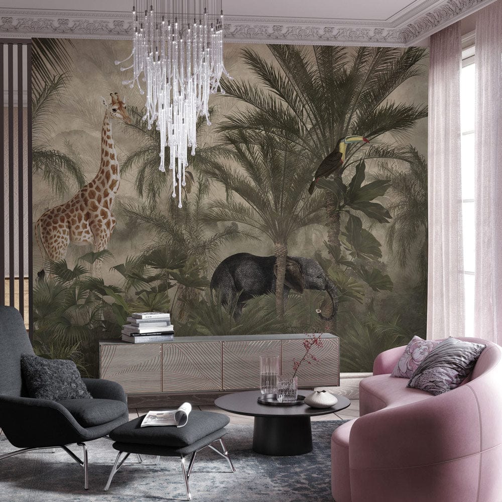 Exotic Jungle Safari Mural Wallpaper in earthy tones, lush wildlife scene; living room with modern seating.