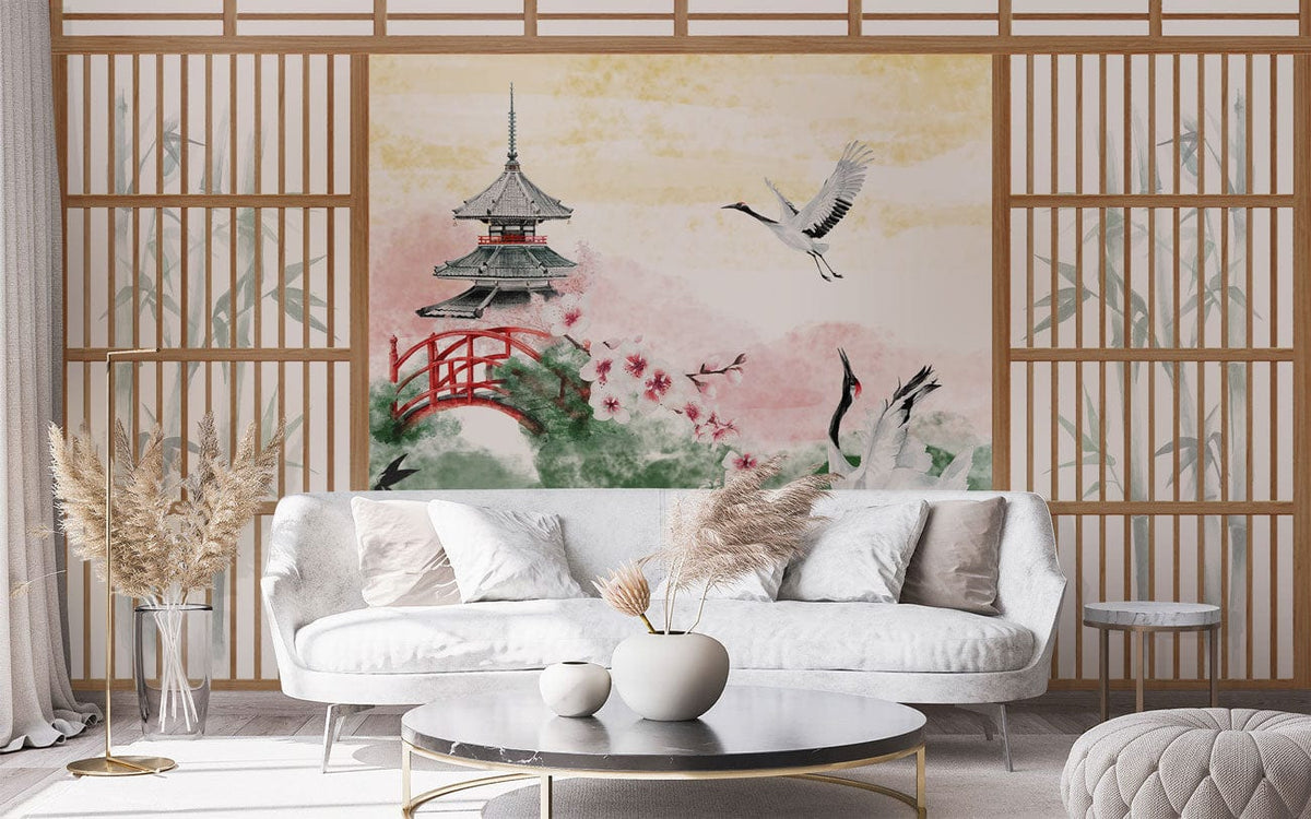 Elegant mural wallpaper featuring cranes, red bridge, and pagoda; with white sofa, neutral room decor.