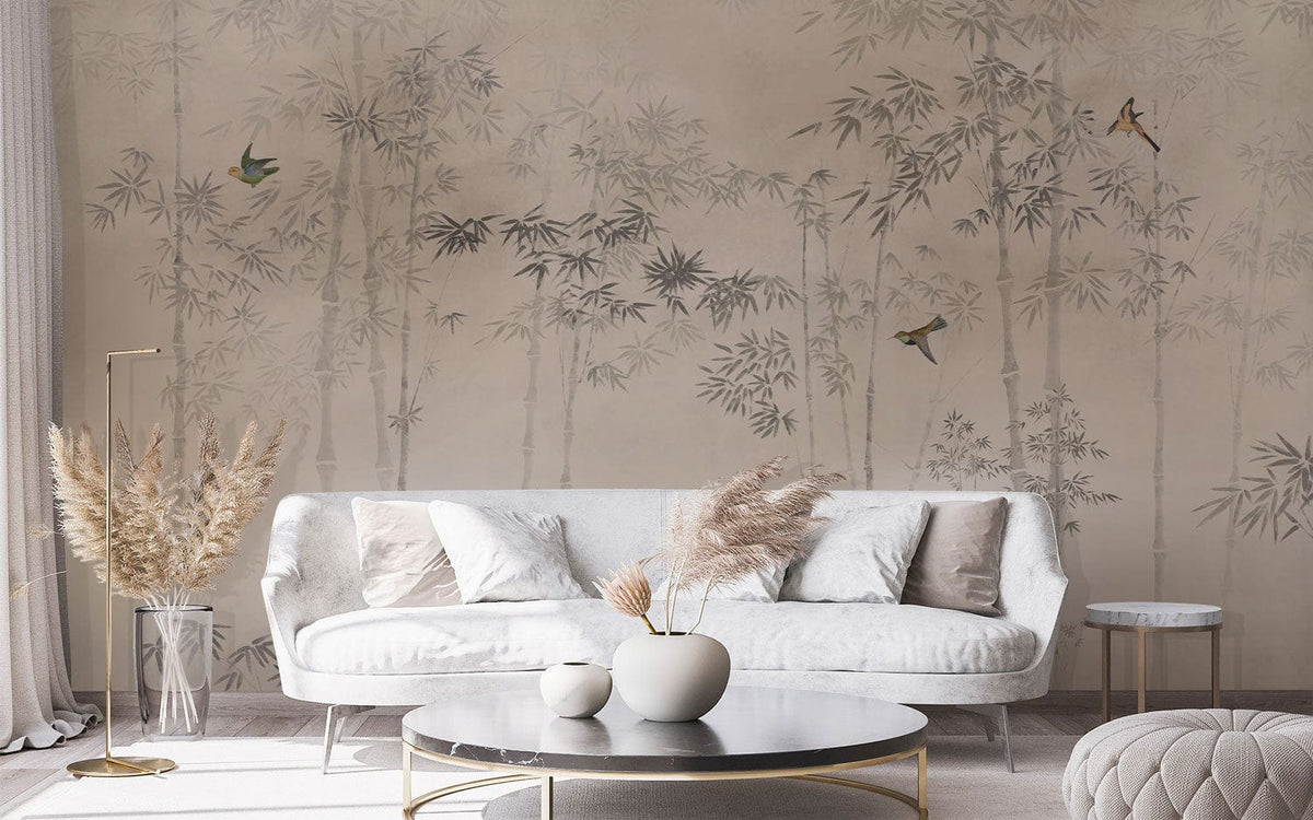 Elegant Bamboo Garden Mural Wallpaper, grey birds design, white sofa, modern round table, living room.