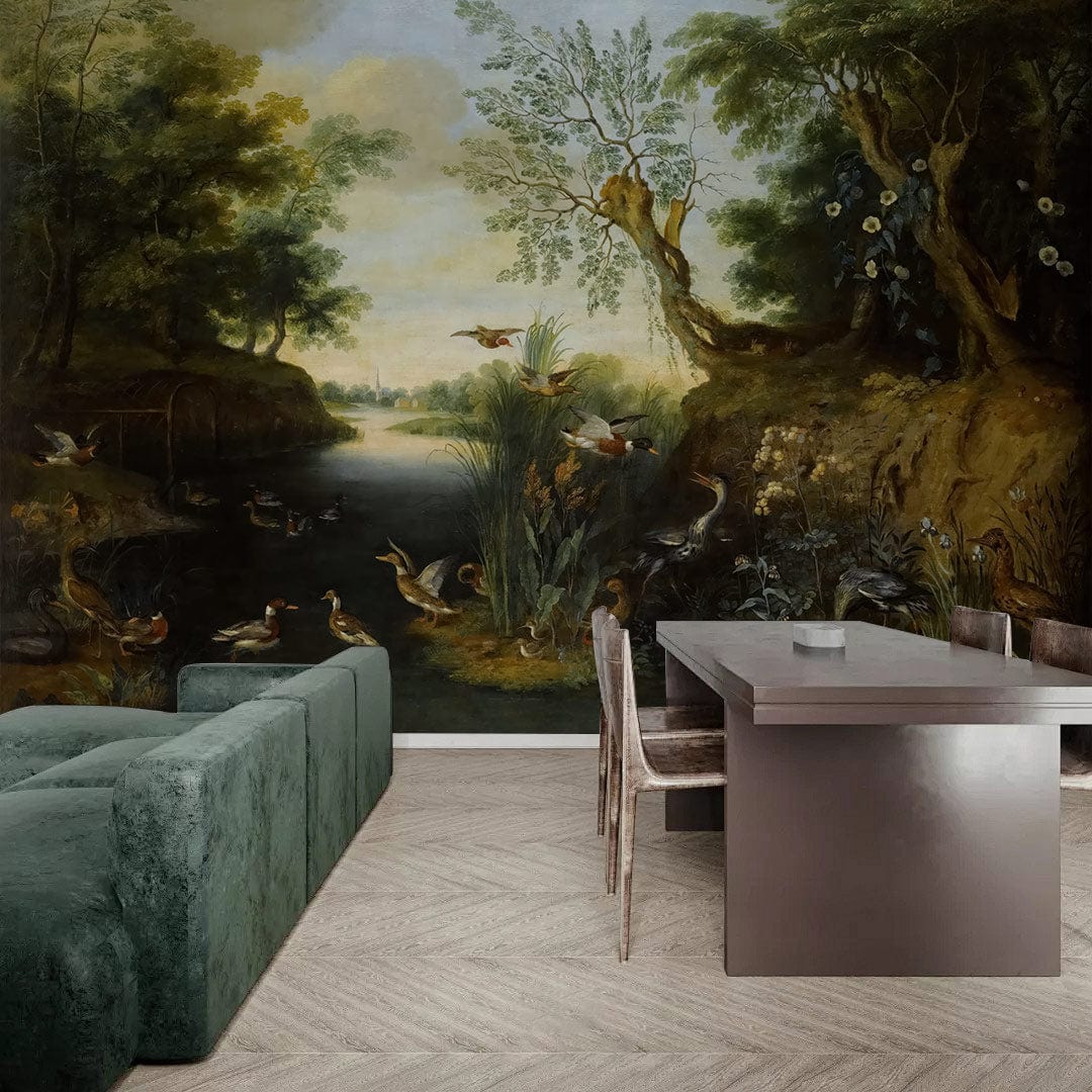Vintage Scenic Forest Landscape Mural Wallpaper, elegant green sofa, wooden dining table, classic room decor.