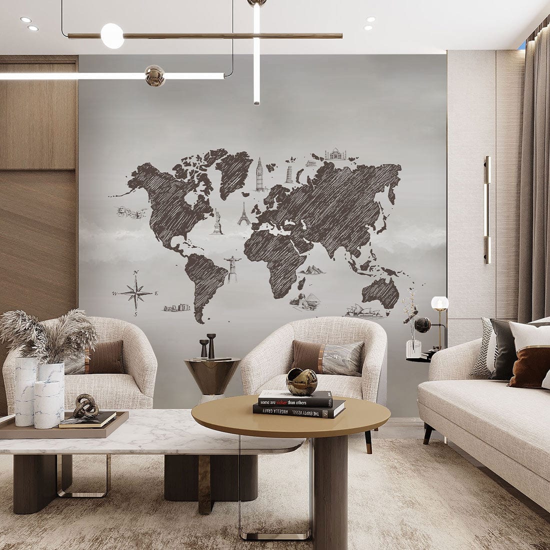 Vintage world map mural wallpaper in charcoal grey, beige sofas, round wooden table, modern living room.