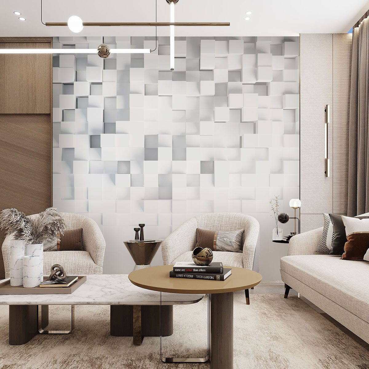 Modern white geometric 3D abstract textured wall mural in elegant living room with beige sofas.