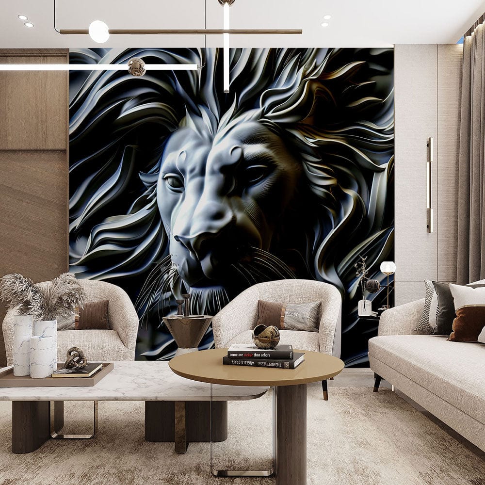 Majestic grey lion mural wallpaper, modern living room, beige sofas, wooden coffee table, contemporary decor.