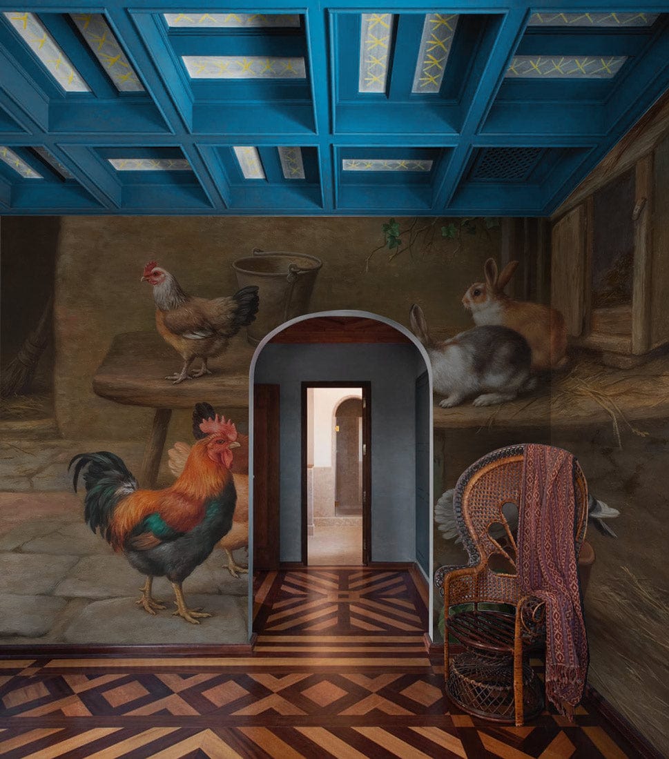 Vintage Farmyard Scene Wallpaper featuring countryside animals, rustic wicker chair, geometric pattern parquet flooring.