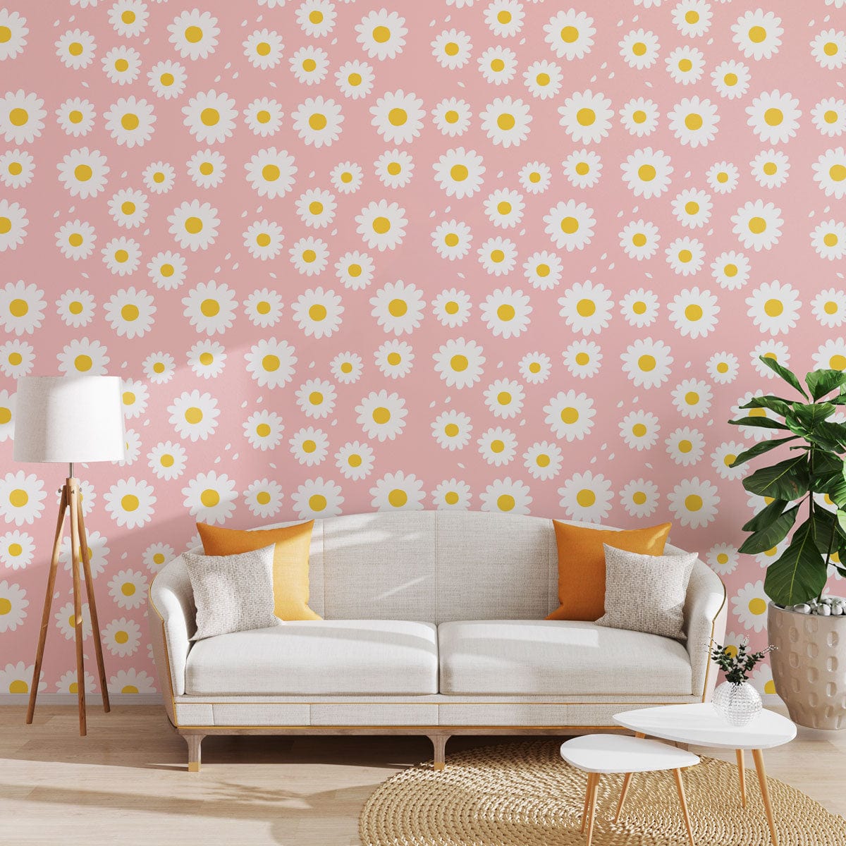 Charming Pink Daisy Floral Pattern Wallpaper, beige sofa, wooden flooring, cheerful spring home Décor.