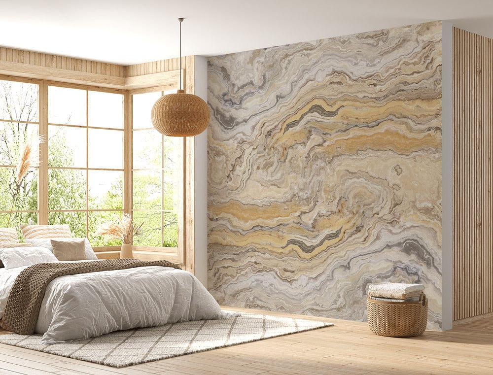 Elegant bedroom featuring Marble Swirl Mural Wallpaper in earthy tones, wooden flooring, neutral bedding decor.