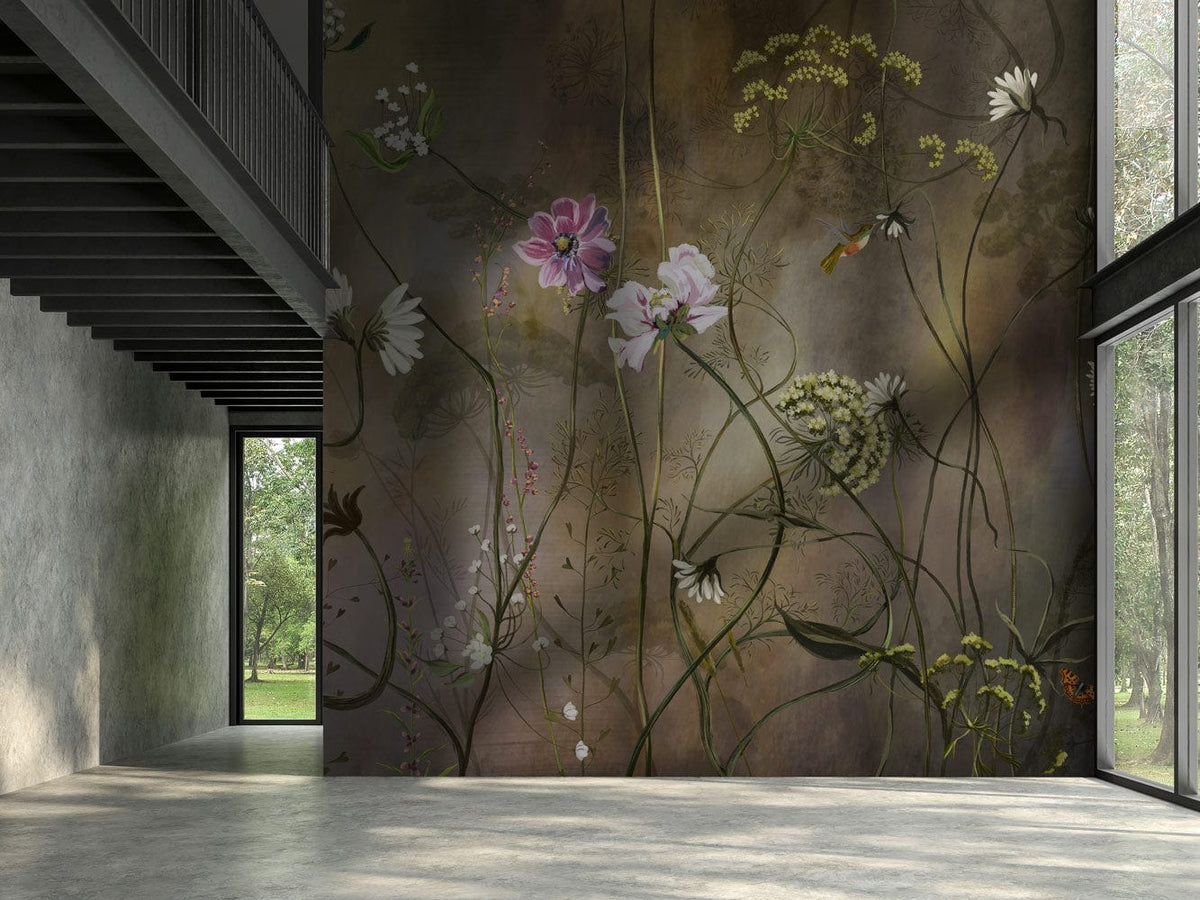 Elegant wildflower mural wallpaper in earthy tones with florals, showcased in a spacious room.
