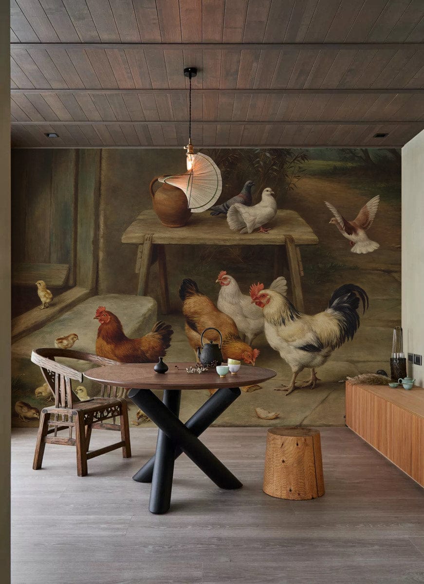 Rustic Farmyard Charm Vintage Animal Mural Wallpaper, earthy tones, wooden furniture, contemporary dining room.