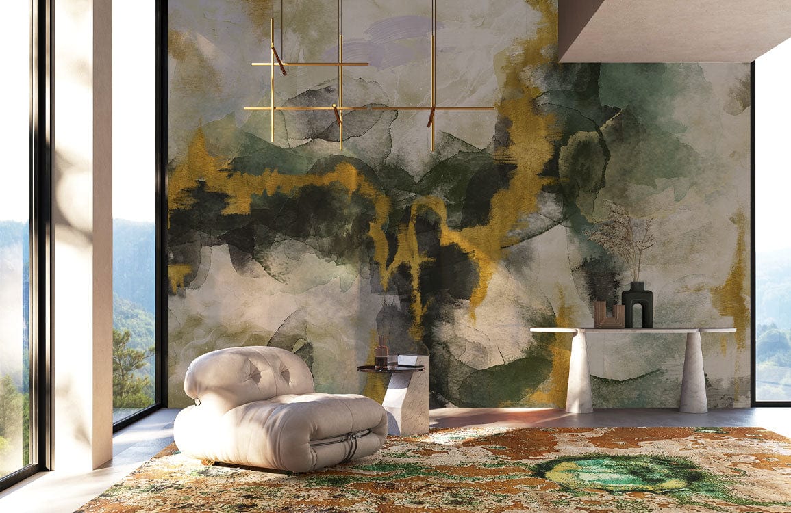 Abstract Watercolour Mural Wallpaper; earthy greens, golden hues, stylish room, plush sofa, large rug.