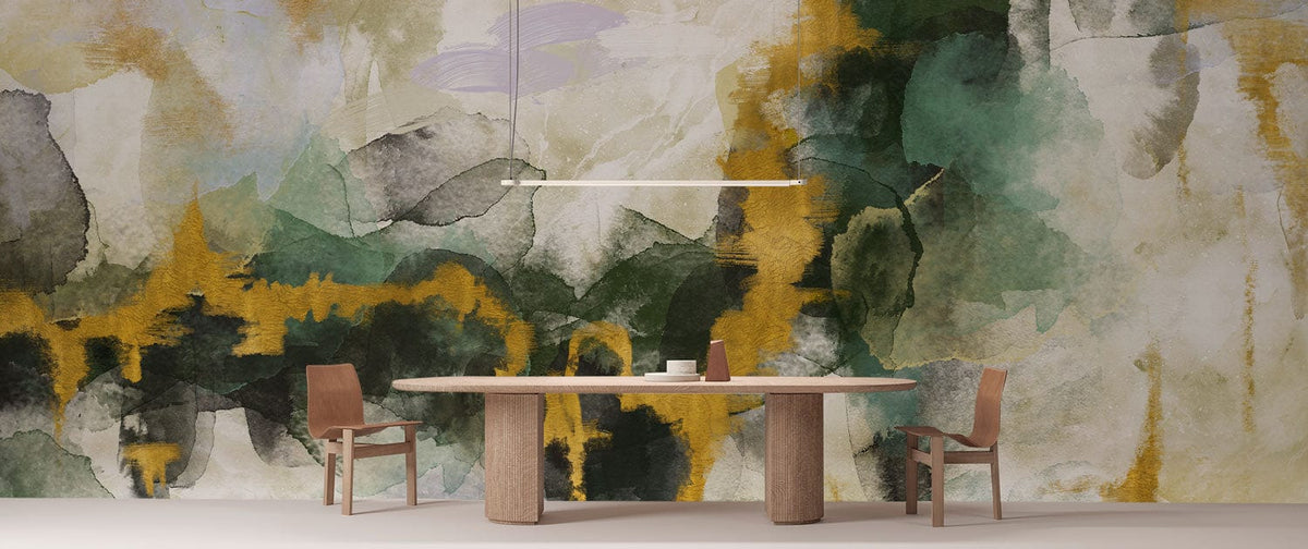 Abstract watercolour mural wallpaper with earthy greens, golden hues, modern dining room, wooden table, chairs.