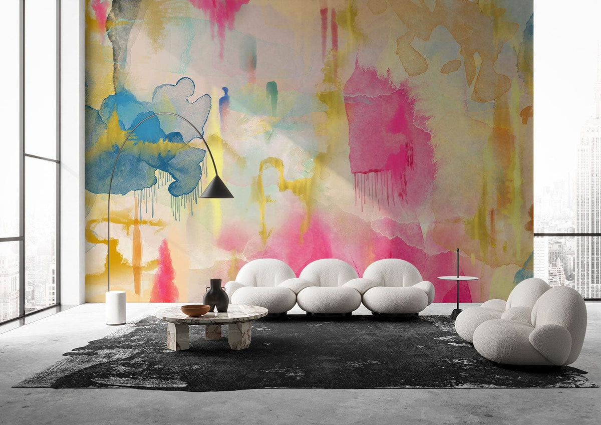 Vibrant watercolour abstract mural wallpaper, bold sofa, modern decor, concrete flooring, large windows.