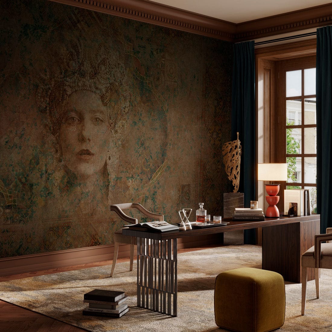 Mystical vintage teal sepia mural wallpaper in bohemian lounge, with modern table, ochre seat.
