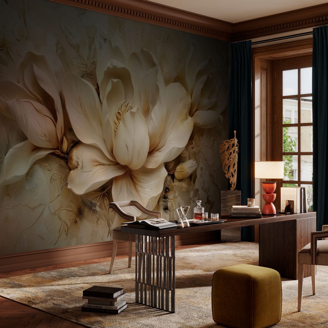 Elegant Cream Magnolia Floral Mural Wallpaper in a stylish living room with dark wood flooring.