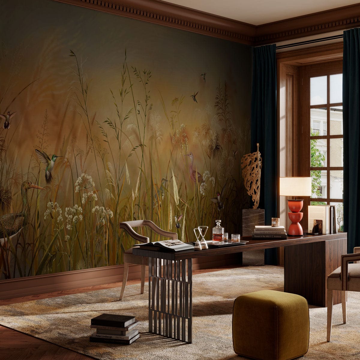 Vintage mural wallpaper with birds, warm tones; elegant room with wooden table, brown carpet, and chair.