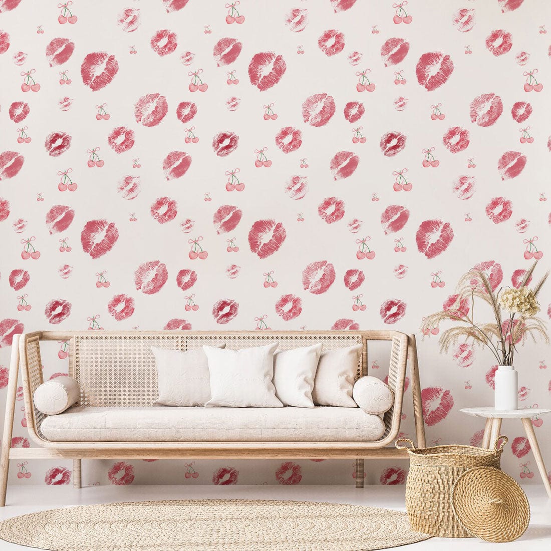 Kiss Print Wallpaper, red and white design, beige sofa, wicker baskets, living room.