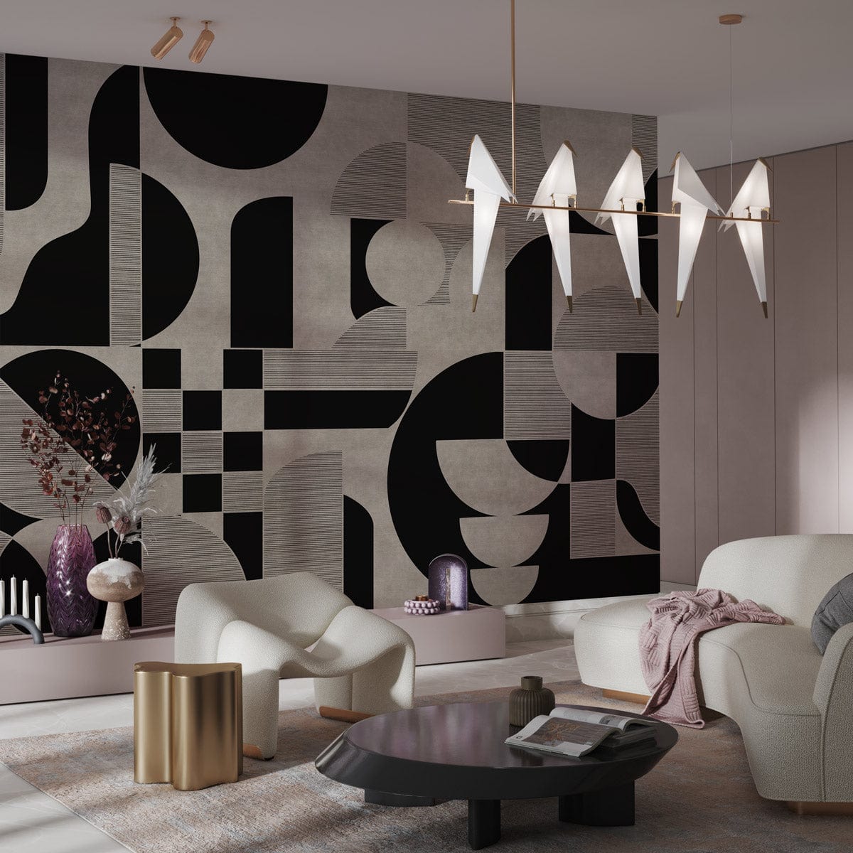 Geometric grey and black abstract wallpaper in modern living room with beige chairs and pendant light.