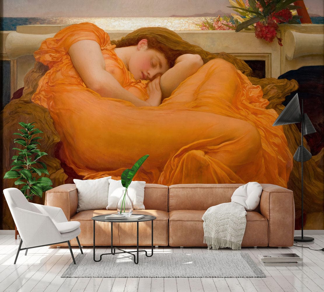 Dreamy Renaissance Peach Goddess Mural Wallpaper in modern lounge with tan sofa and marble flooring.
