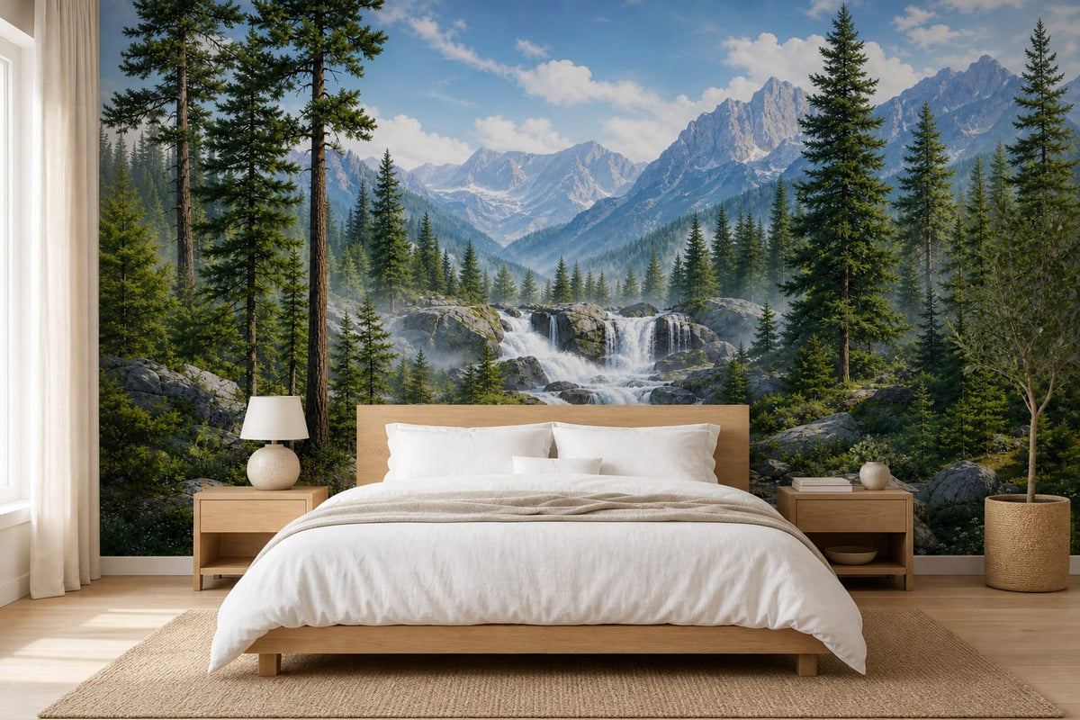 Alpine Pine Waterfall Mountain Wallpaper Mural in alpine