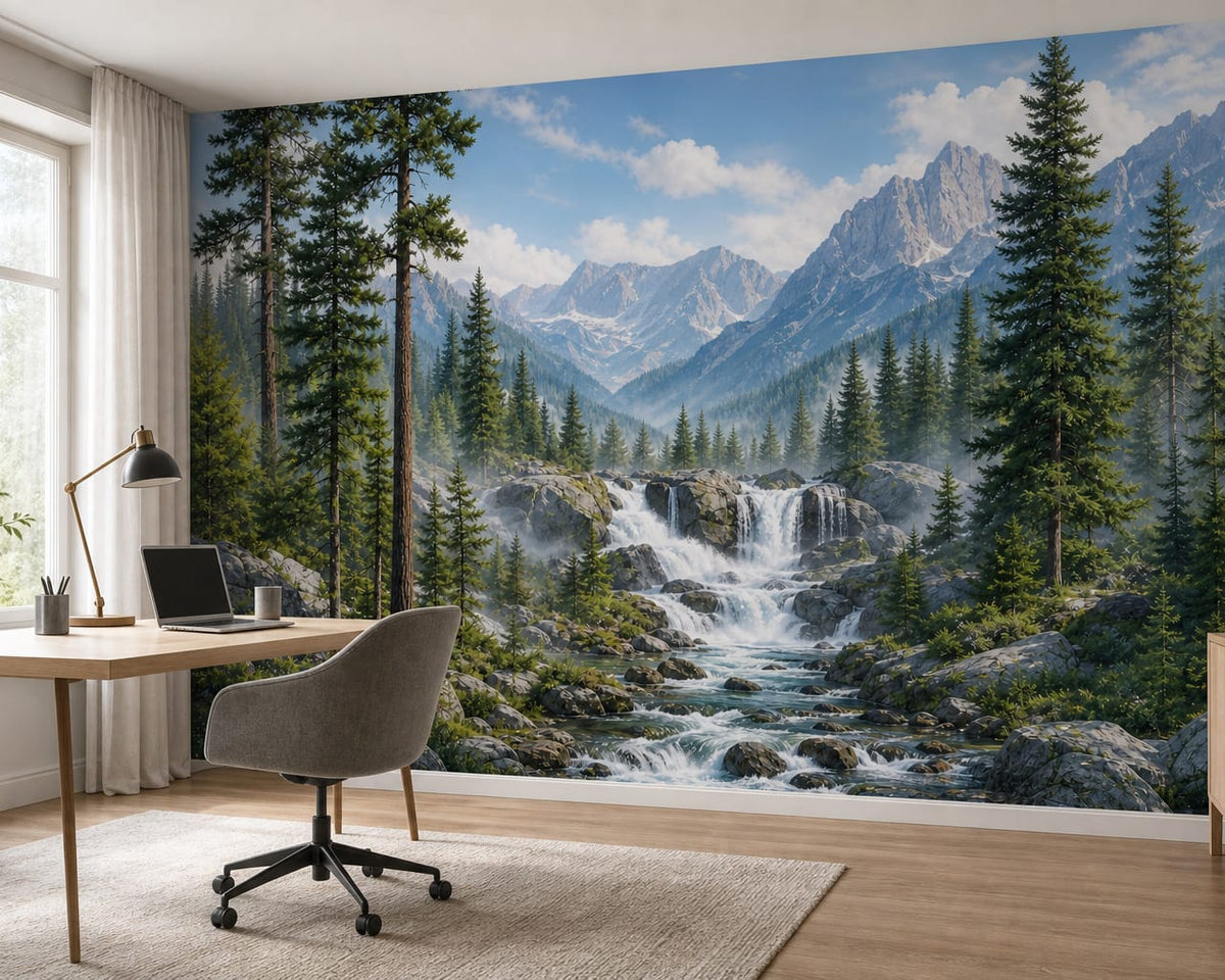 Alpine Pine Waterfall Mountain Wallpaper Mural in alpine