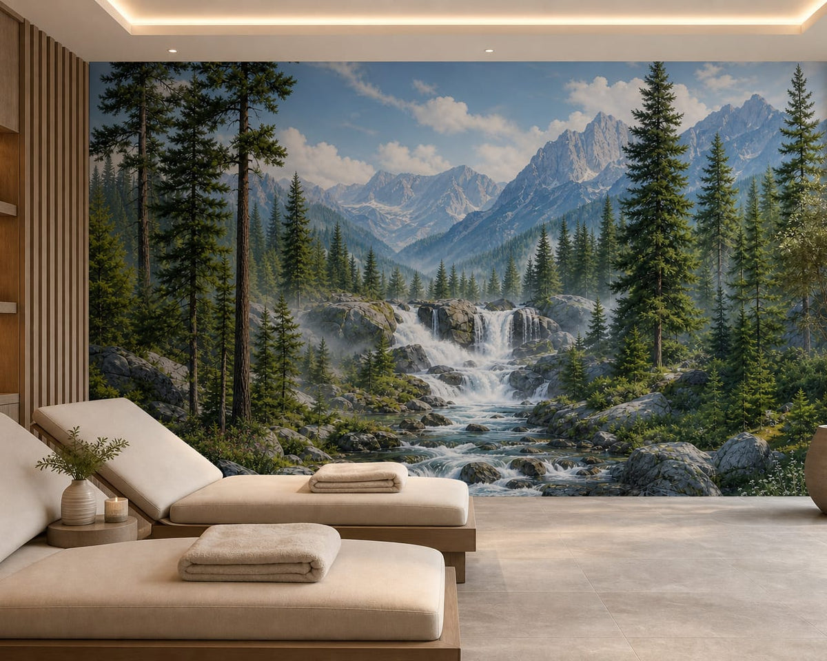 Alpine Pine Waterfall Mountain Wallpaper Mural in alpine