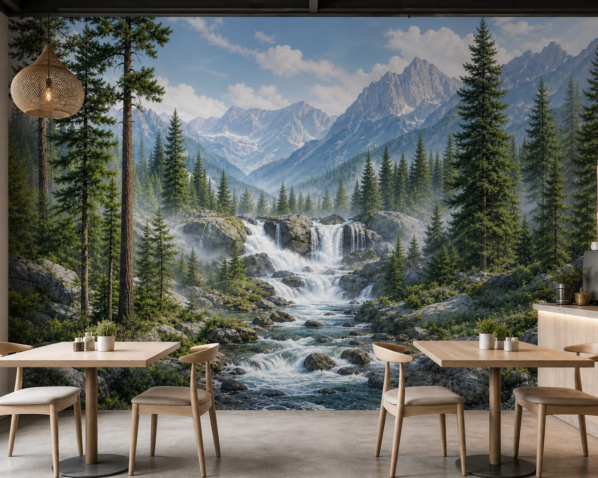 Alpine Pine Waterfall Mountain Wallpaper Mural in alpine