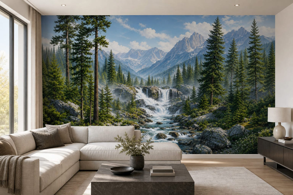 Alpine Pine Waterfall Mountain Wallpaper Mural in alpine