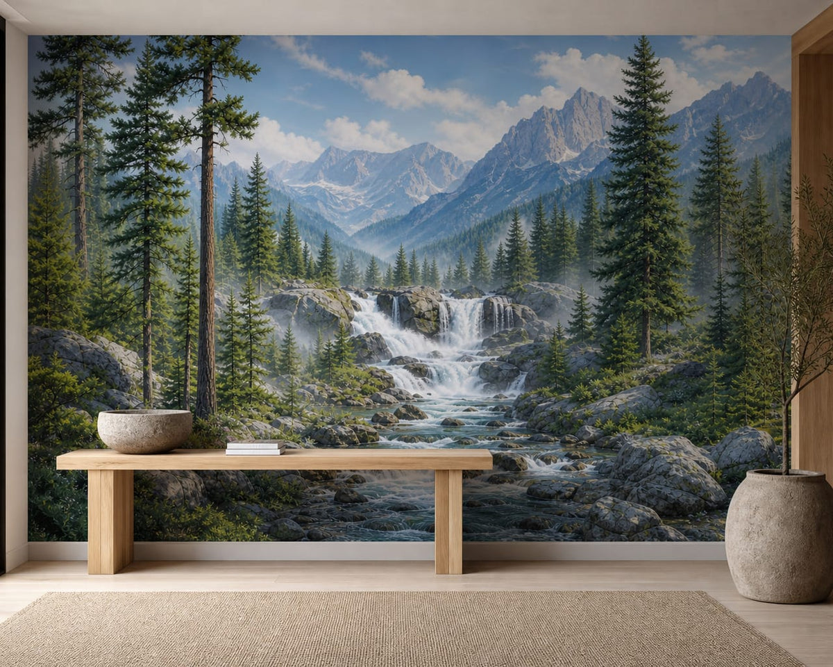 Alpine Pine Waterfall Mountain Wallpaper Mural in alpine