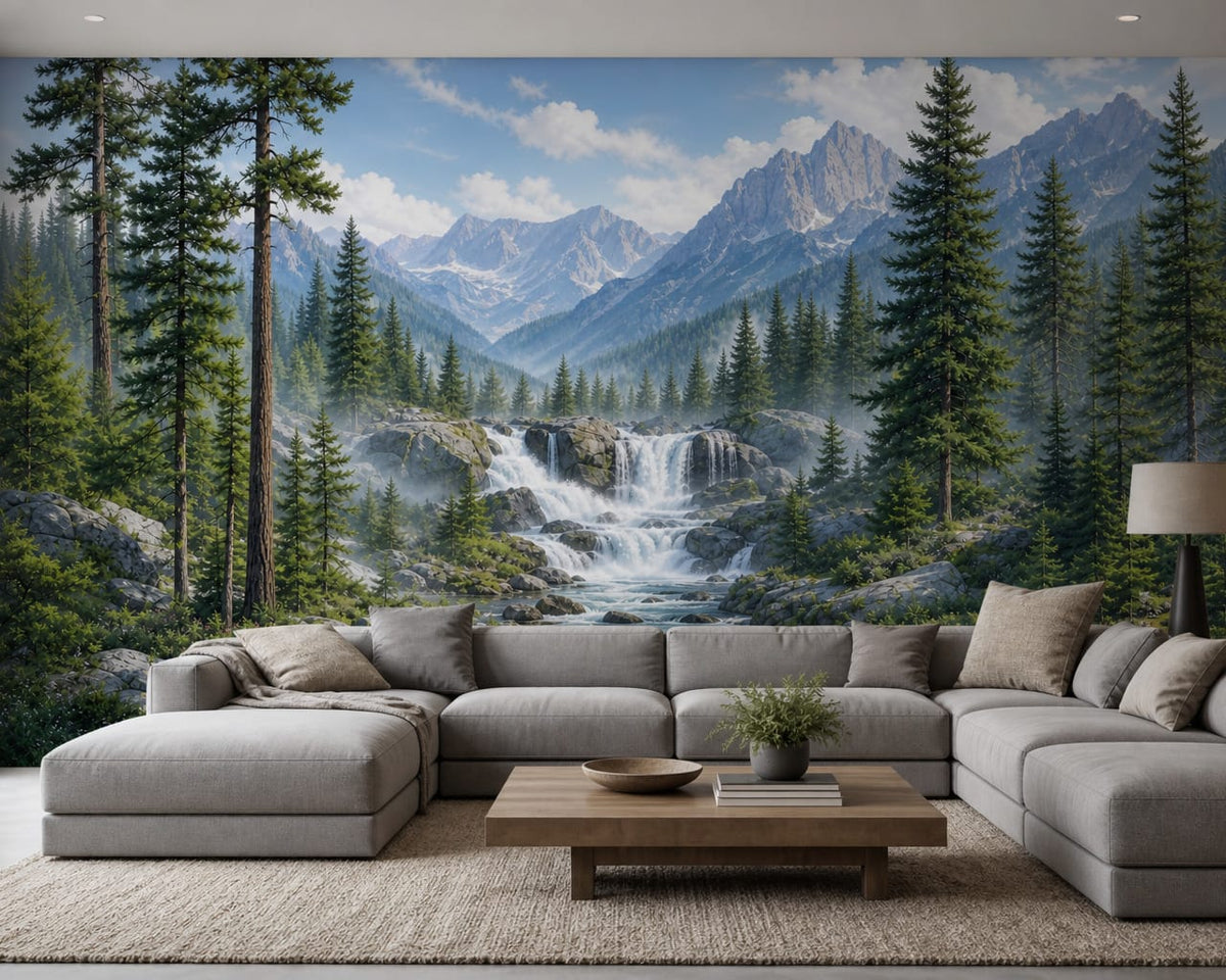 Alpine Pine Waterfall Mountain Wallpaper Mural in alpine