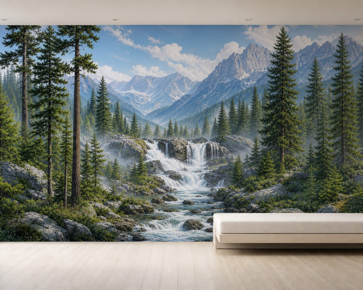 Alpine Pine Waterfall Mountain Wallpaper Mural in alpine
