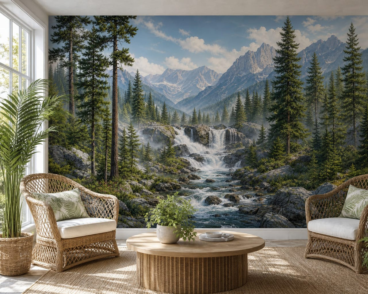Alpine Pine Waterfall Mountain Wallpaper Mural in alpine