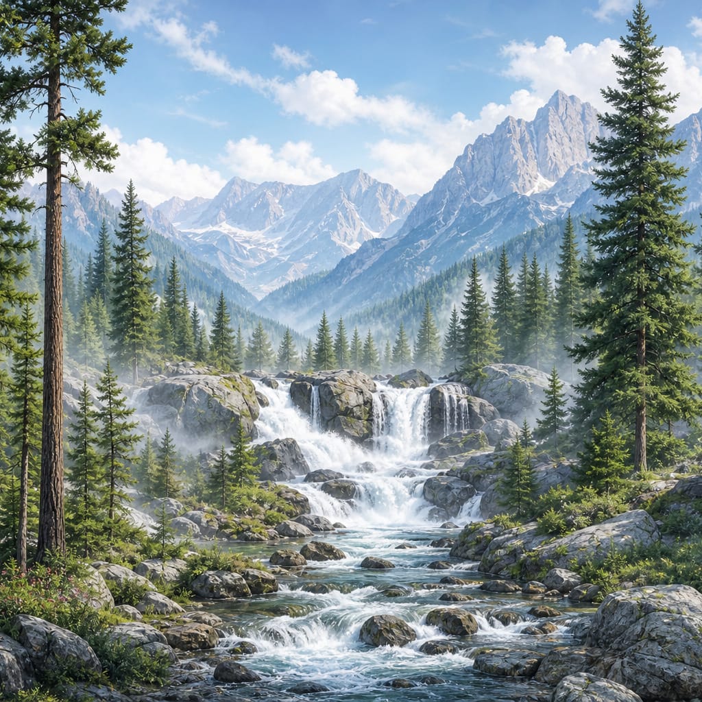 Alpine Pine Waterfall Mountain Wallpaper Mural in alpine