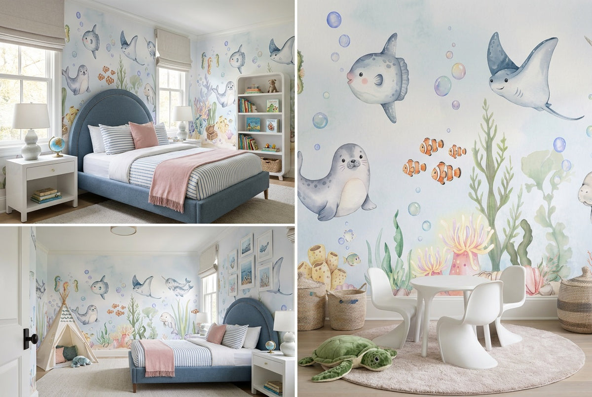 aqua sea life kids custom stick on non woven vinyl removable wallpaper mural views
