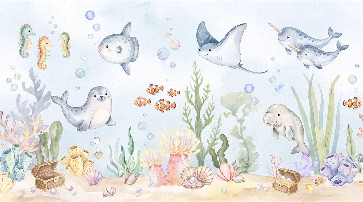 Light Blue Watercolour Sea Friends Wallpaper Mural