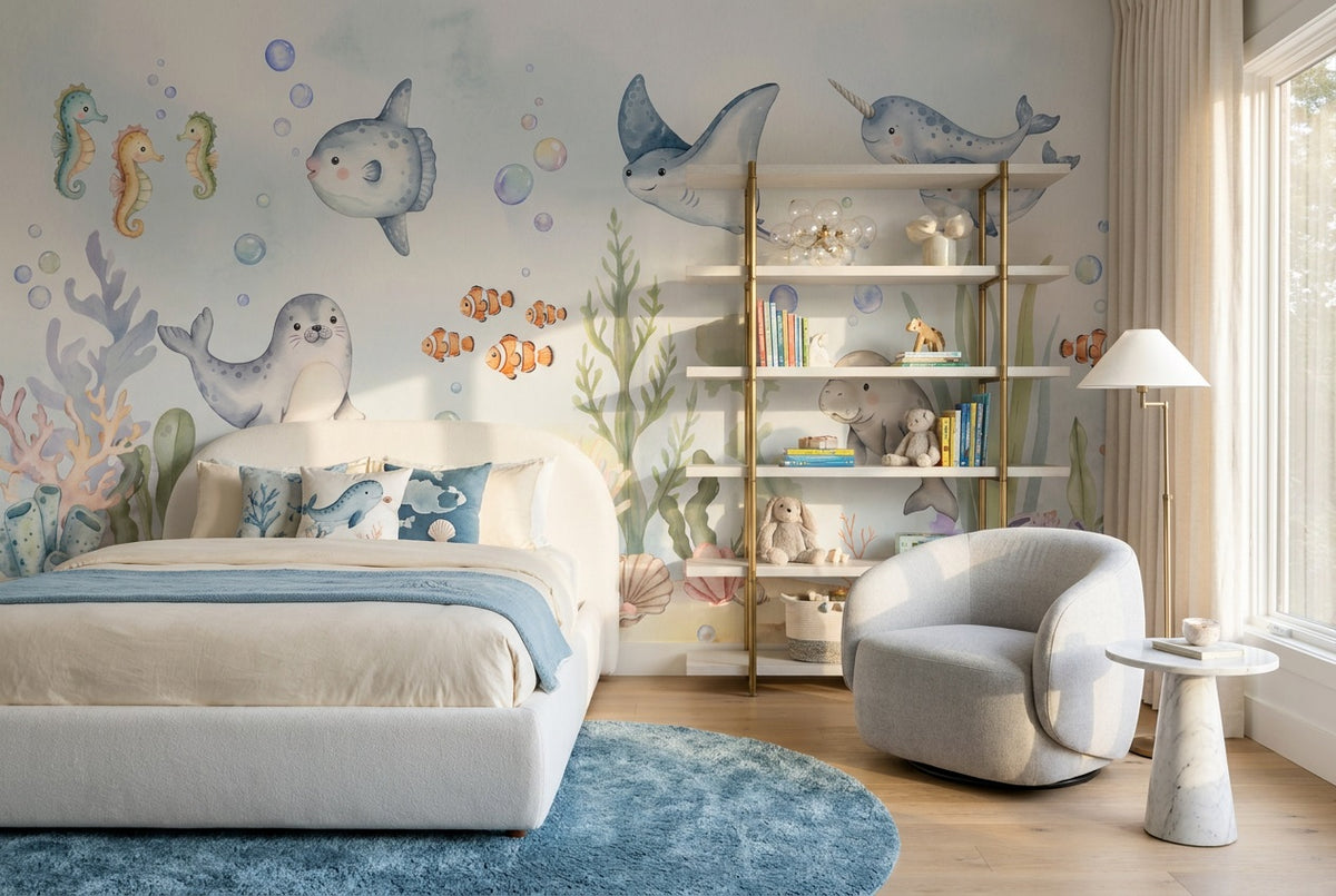 aqua sea life wallpaper mural custom self adhesive nook removable non woven vinyl