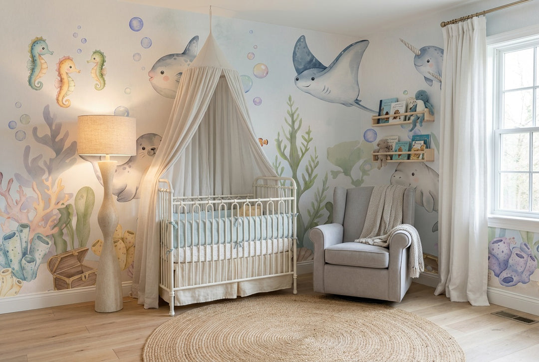 aqua sea life wallpaper mural custom stick on nursery removable non woven vinyl