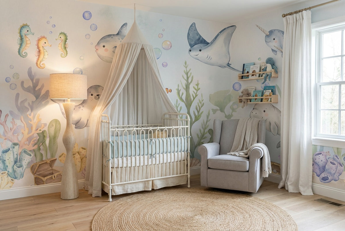 aqua sea life wallpaper mural custom stick on nursery removable non woven vinyl