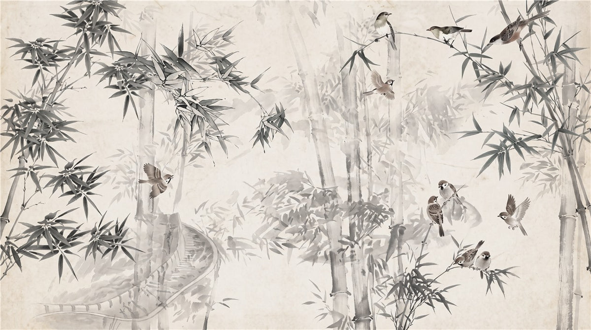 Ash Grey Bird Bamboo Forest Wallpaper Mural